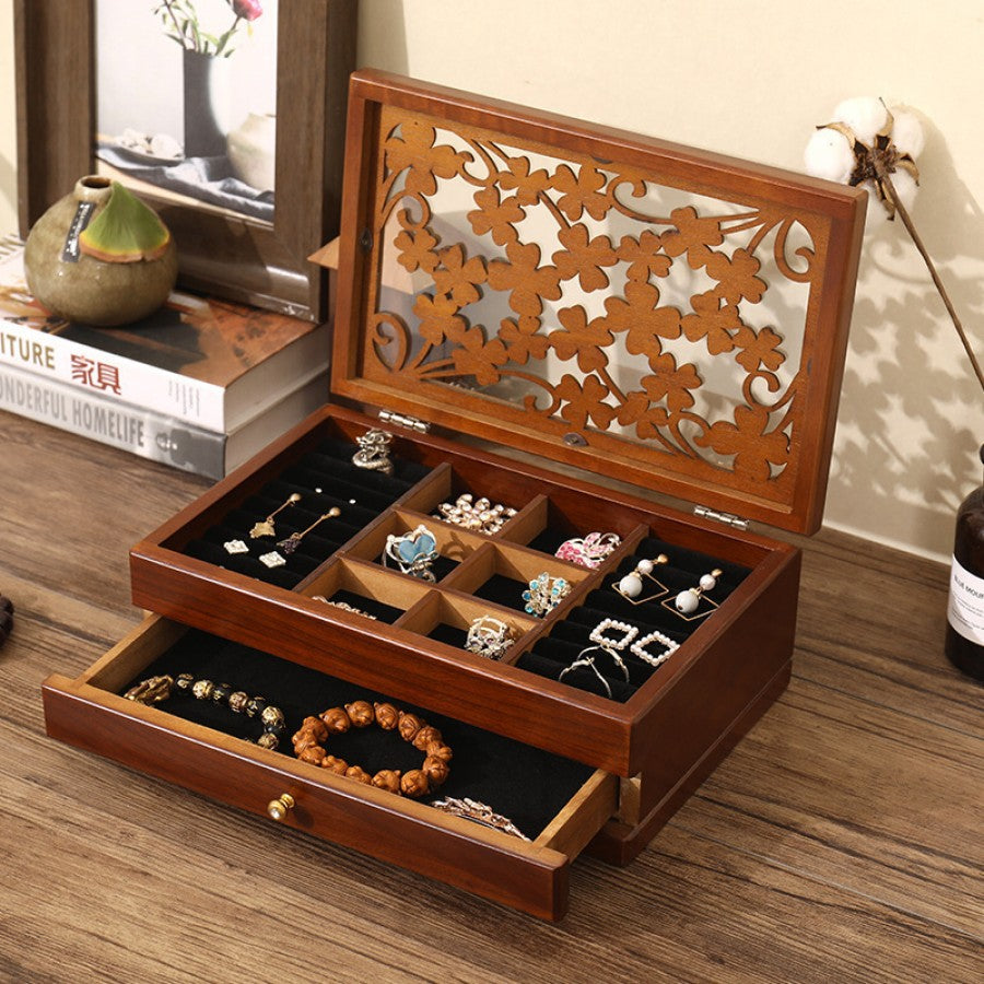 Κοσμηματοθήκη ξύλινη vintage σε καφέ απόχρωση με σκαλιστό καπάκι